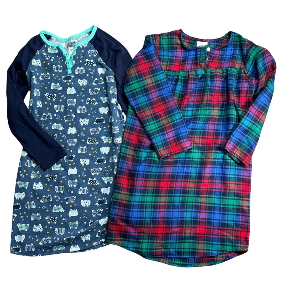 Lands End Girls Nightgown Set 2 Size 6 Plaid Sheep Print Long Sleeve Sleepwear